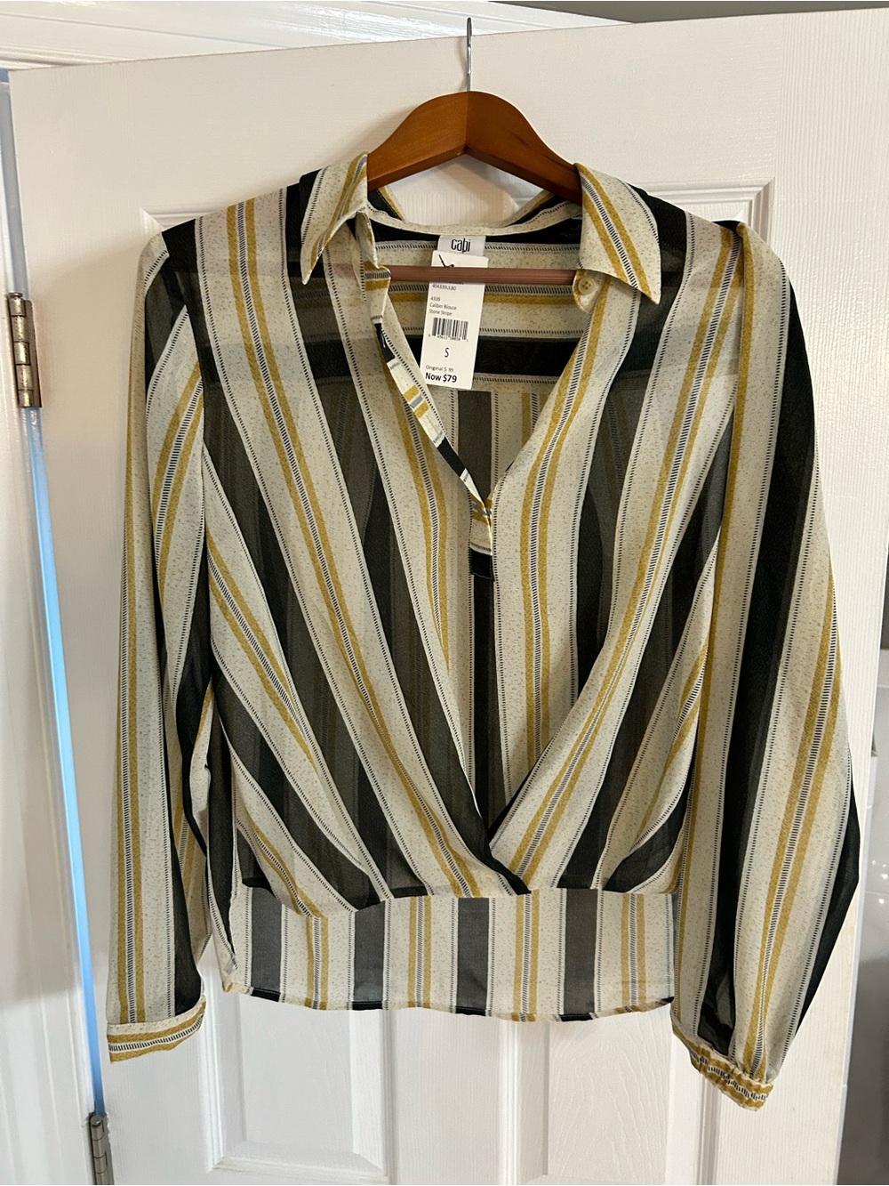 CAbi Striped Wrap Blouse in Black, White & Mustard